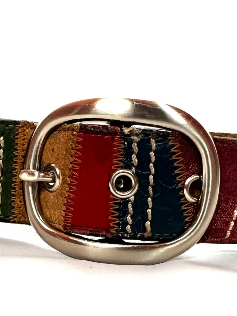 Fossil Patchwork Leather Belt Medium Boho Multicolor Wide Statement